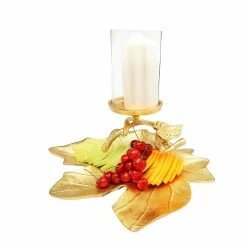 Chic House Forever Gold Embossed Leaf Dish With Branched Candle Holder Table Tops
