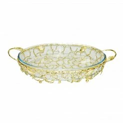 Chic House Forever Round Gold Handled Pyrex Holder With Leaf Design