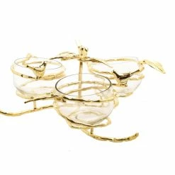 Chic House Forever Gold Leaf 3 Bowl Relish Dish With Glass Inserts Table Tops